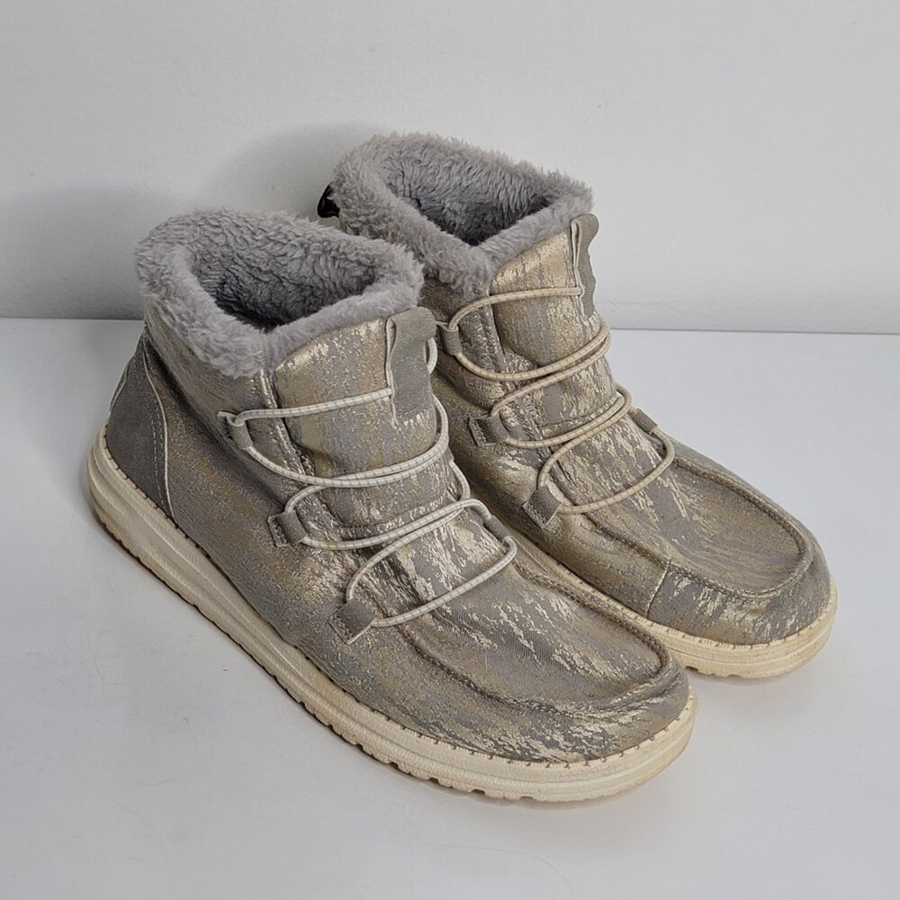 Hey Dude Womens Size 8 Lea Fur Gray Slip On Ankle Booties Casual Shoes 12181171